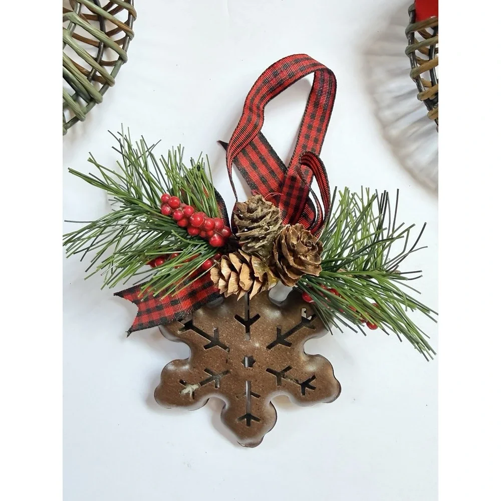 Rustic Metal Wreath Sleigh Bell Snowflake Ornaments Country Christmas 4pc Set